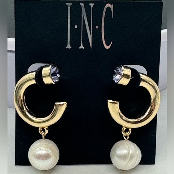 INC Gold Tone Open Hoop with Dangling Faux Pearl Purple Crystal Post Earrings - Picture 13 of 13